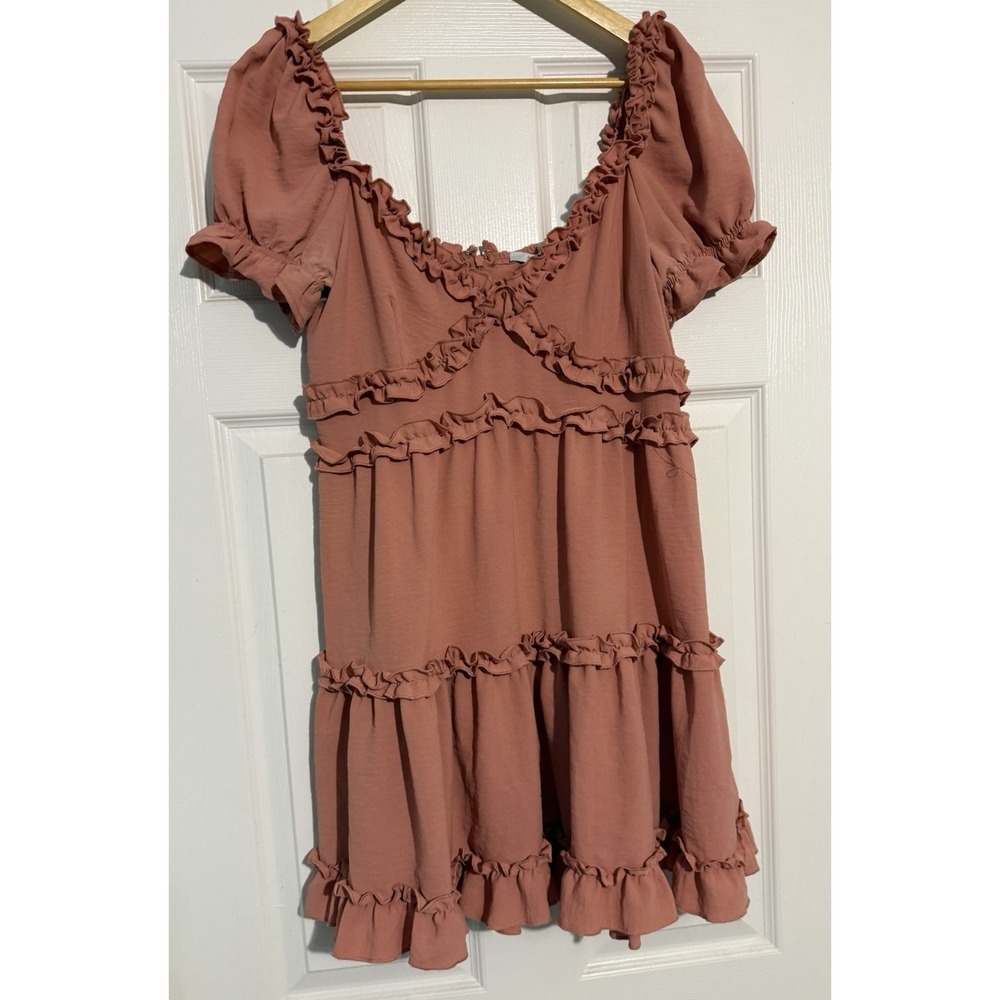 Blashe Tiered Mini Dress Womens Large Dusty Rose Ruffle Puff Sleeve BD04907